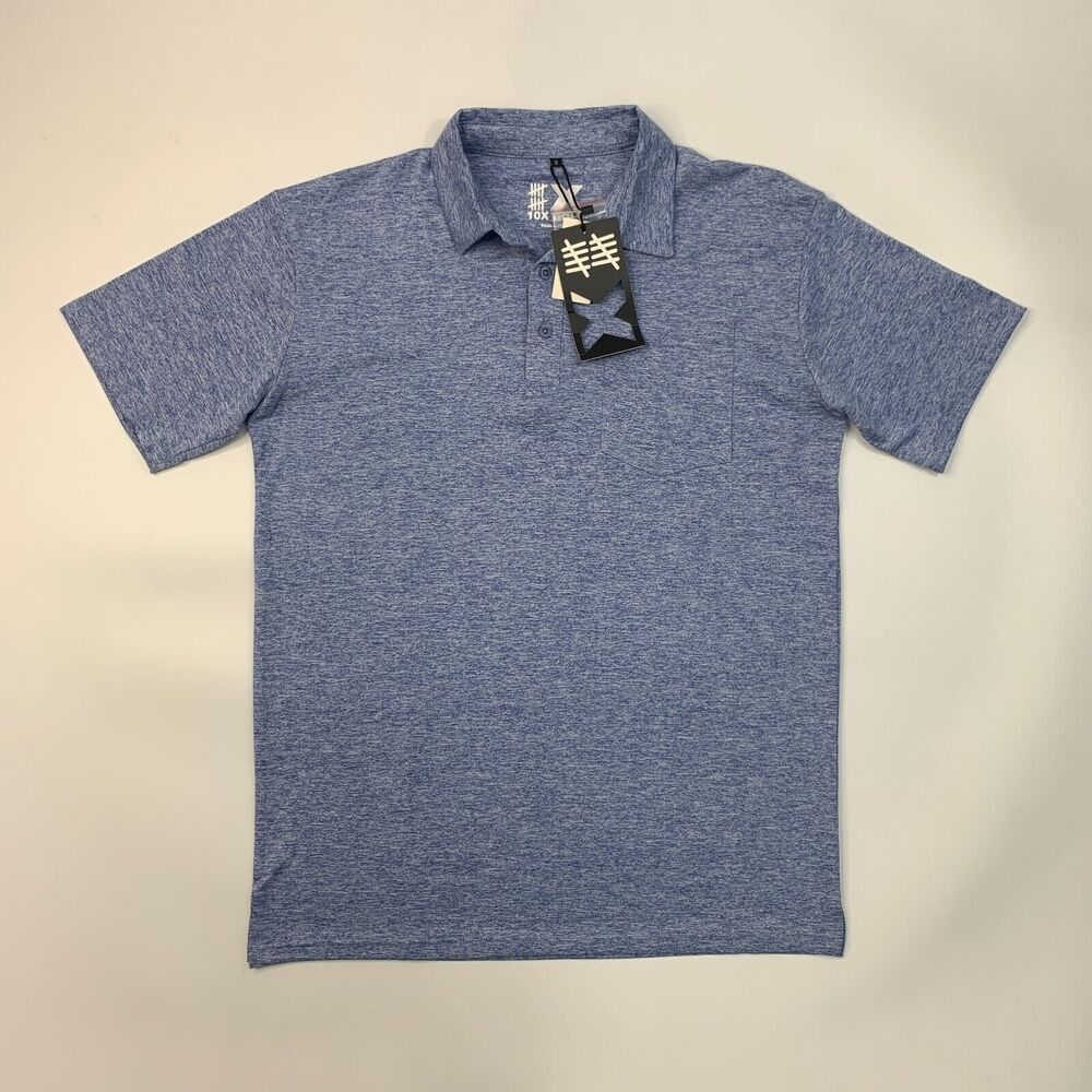 10X Sports Polo Shirt Mens S Small Shark Blue Golf Performance Chest Pocket New - Picture 2 of 10